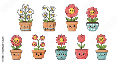 Collection of ten colorful cartoon flowers in decorative pots displaying a wide range of emotions through various funny and cute facial expressions.