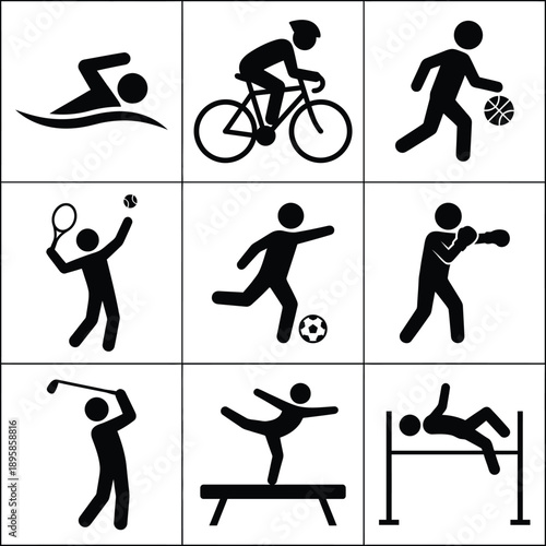Set of nine icons depicting various sports and athletic activities including swimming, cycling, basketball, tennis, soccer, boxing, golf, gymnastics, and hurdling in black silhouettes.