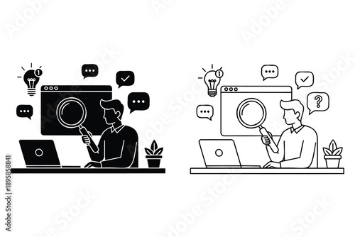 Magnifying glass search concept  man looking at computer screen  online investigation  data analysis  search engine optimization