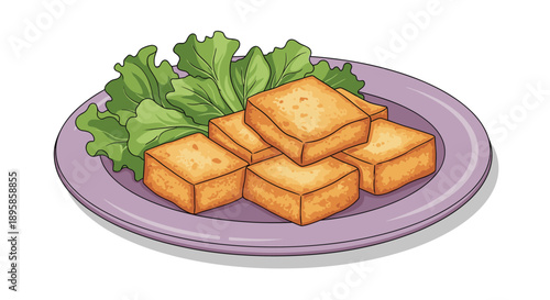 Delicious golden fried tofu cubes served on a purple plate with fresh green lettuce leaves as a healthy vegetarian meal option for any lunch.
