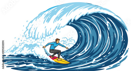 Skillful surfer rides through the barrel of a massive crashing ocean wave, capturing the thrill of extreme water sports in the deep blue sea.