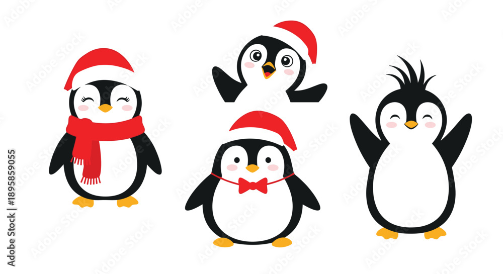 Obraz premium Group of four adorable cartoon penguins celebrating Christmas dressed in festive Santa hats, red scarves, and cute bows on a white background.