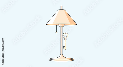 Unique table lamp design featuring a simple beige shade and a vintage style key hanging from its stem as a decorative pull chain for lighting.
