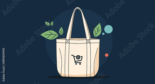 Environmentally friendly reusable tote bag featuring a green recycling icon and floating leaves to promote sustainable shopping habits today.
