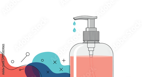 Clear bottle of liquid hand soap or sanitizer with a pump dispenser shown against a creative abstract wave background in vibrant blue and red.