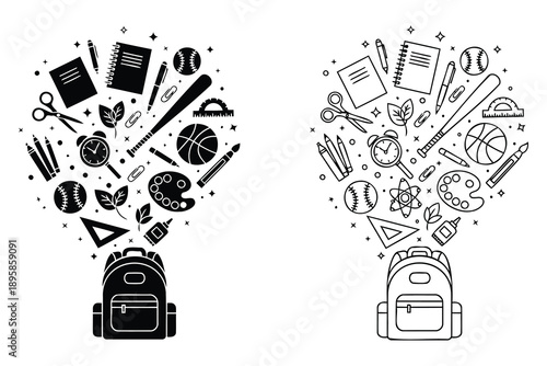 School supplies and sports equipment coming out of backpacks  educational and recreational items