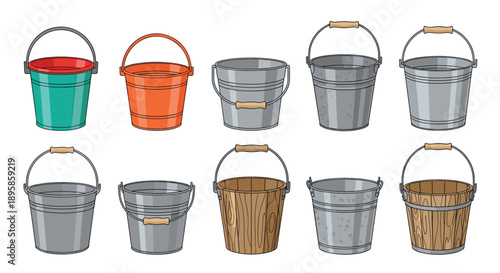 Collection of ten versatile buckets in different sizes and materials including galvanized metal, colorful plastic, and rustic wood for daily use.