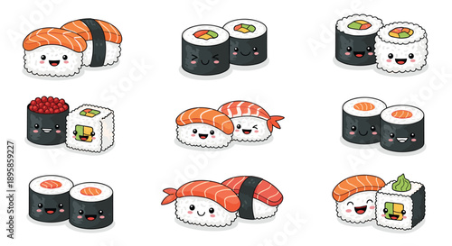 Collection of adorable sushi characters including nigiri and rolls features cute smiling faces on white backdrop.