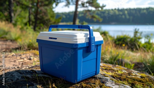 Blue cooler on a mossy rock, backdrop of trees and a lake on a sunny day; nature scene