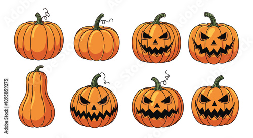 Set of eight orange pumpkins and jack-o-lanterns displays various spooky and neutral faces for Halloween decor.