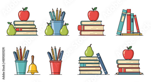 Array of school supplies features stacks of books with red apples and green pears along with pens and a bell.