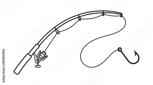 Fishing Rod with Reel and Hook Line Art Illustration.