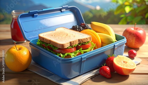 Blue lunchbox with sandwich, fruits, on a wooden table, sunny background