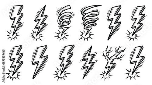 Handdrawn lightning bolt and tornado doodle set storm weather symbols electric power energy and danger signs isolated vector illustration.