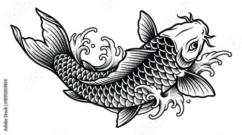 Japanese Koi Fish Swimming Through Water Waves Tattoo Style.