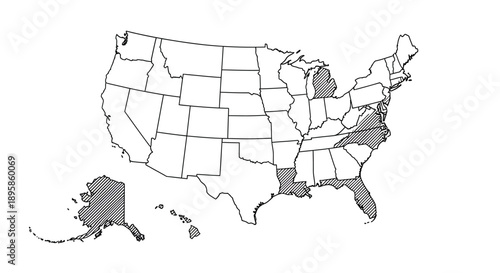 United States map with highlighted states showing potential coverage areas for a service or business expansion