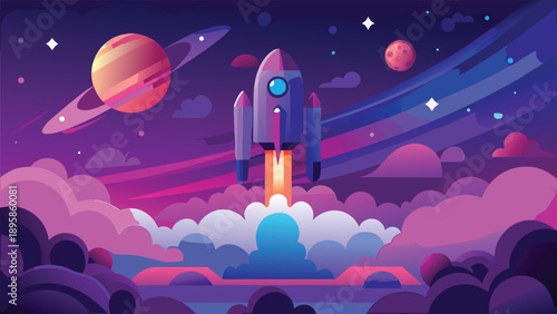 Modern Space Exploration Concept Illustration with Spacecraft, Stars, and Colorful Gradients for UI Web Header or Startup Background..eps