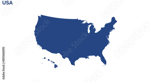 Minimalist graphic vector illustration of the United States of America, showcasing its complete geographical outline including all territories, presented in a solid blue color