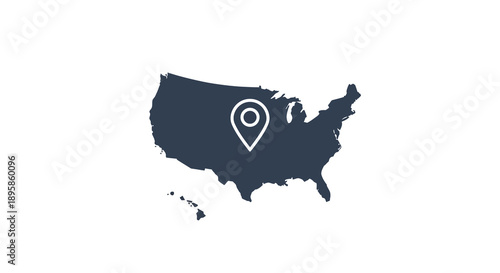 Graphic illustration of the United States map with a distinct location pin icon, highlighting precise geographic positioning, navigation, or a specific point of interest within the country
