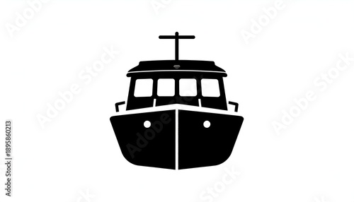 Boat front view, simple vector illustration. Black silhouette on white background. Angled perspective