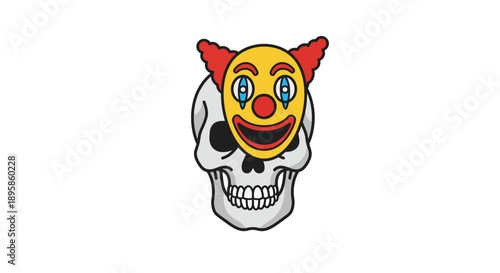Humorous Demise A vibrant vector illustration depicting a cheerful clown mask placed on a grim human skull, symbolizing the ironic contrast of fleeting joy and inevitable end
