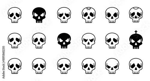 A versatile collection of stylized skull icons, featuring a range of expressions and minimalist designs, perfect for graphic design, spooky themes, and edgy digital art projects