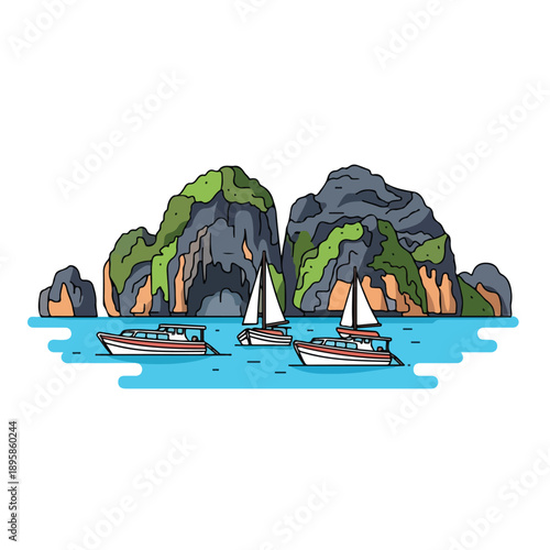 Sailboats near islands in ocean.