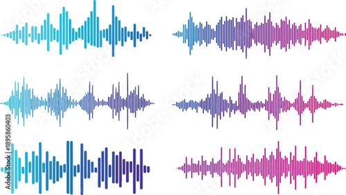 Digital audio sound wave set with colorful blue and purple gradient frequency equalizer visualizations.