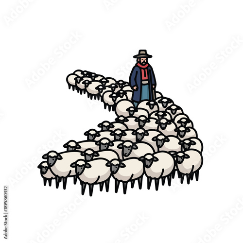 Shepherd Standing with Flock of Sheep.