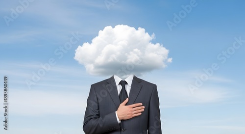Surreal Business Concept of a Person in a Professional Suit with a Cloud Head, Creative Head in the Clouds Metaphor for Visionary Whimsy