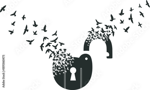 Black and white of birds flying out of an unlocked padlock editable scalable line outline