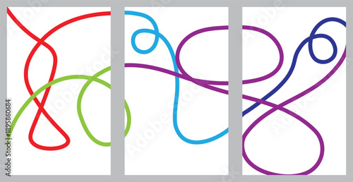 Abstract colorful curved line art panels on white backgrounds. Flowing doodle shapes create playful motion and modern minimal style. Perfect for wall art, posters, and creative design sets.