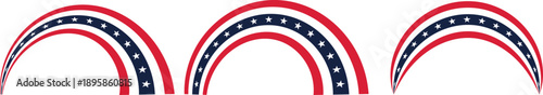Set of patriotic red, white, and blue curved borders with stars. Arched stripe elements create a festive American design style. Ideal for banners, headers, and national celebration graphics.