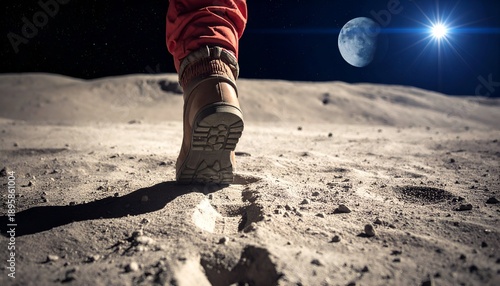 Booted foot treks lunar surface; deep footprint left. Earth and bright sun hang in the black sky