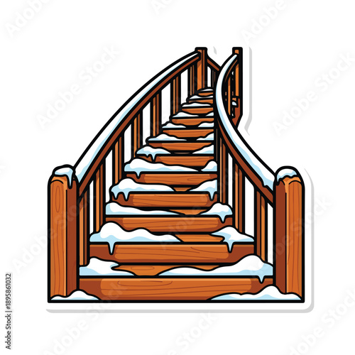 Snow Covered Wooden Staircase with Railings.