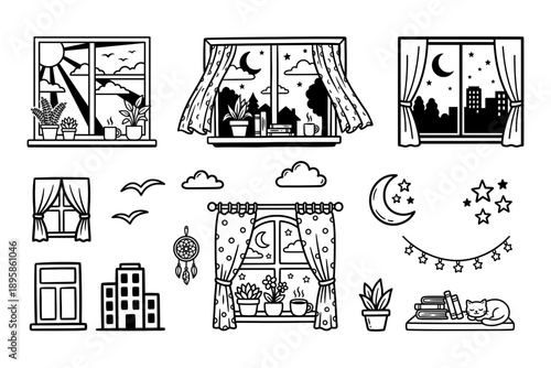 Cozy Windows Day and Night Scenes Set, Hand Drawn Interior Elements with Curtains, Plants, and City Views, Line Art Coloring Page