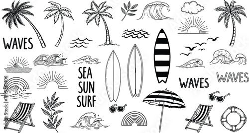 Hand drawn summer beach vector set with palm trees surfboards ocean waves sun and tropical vacation elements