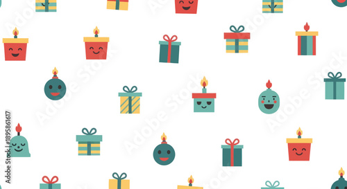 Pattern of cute cartoon gift boxes and candles with faces, flat design vector