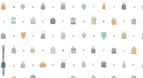 Seamless pattern of various gift tags and dots in a flat design style, pastel colors