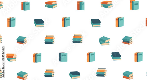 Seamless pattern of stacked and single books in a flat design style, aqua and orange colors.