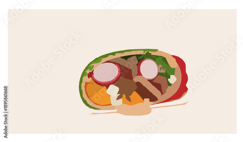 Gourmet shawarma kebab with wild boar feta and fruit fillings 3D vector illustration