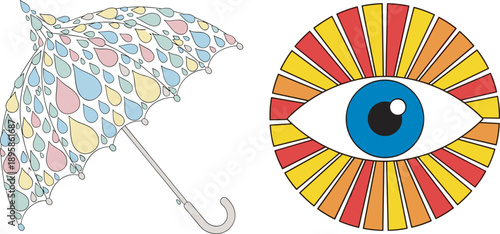 Colorful umbrella with raindrops and stylized eye with sunburst