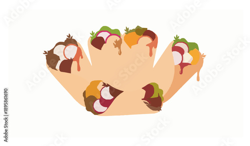 Juicy 3D shawarma wraps with wild boar radish and feta cheese isolated on white