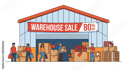 Bargain Hunters at a Discounted Goods Location, Illustrated Scene with Shoppers in a Busy Environment