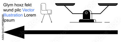 Balance, decision-making, direction, minimalism, abstract design, proportionality. Black balance scale, outlined chair large directional arrow and textual elements. Balance and decision-making