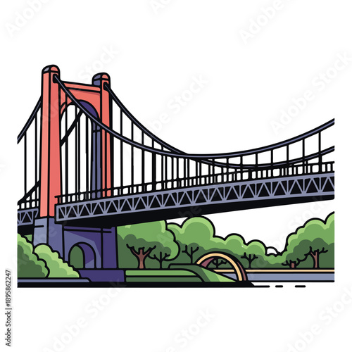 Suspension Bridge with Red Towers Illustration.