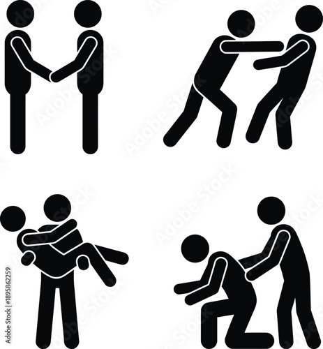 Simple black and white illustration depicting various stages of a rescue or assistance scene with people helping each other in different poses and actions very clearly.
