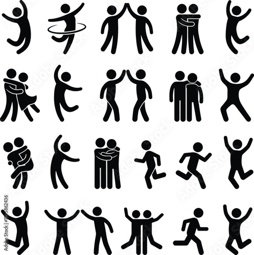 Collection of black pictogram figures celebrating various actions on a white background symbolizing joy and camaraderie in different activities and interactions perfectly.