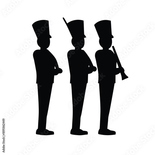 Silhouette depiction of a marching band featuring three uniformed musicians