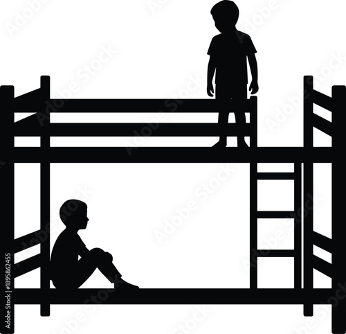 Silhouette of children on bunk bed, playful sibling moment, childhood furniture scene, black and white illustration, indoor family concept